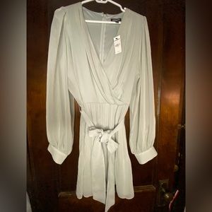 EXPRESS Long Sleeve Pleated Tie Waist Romper